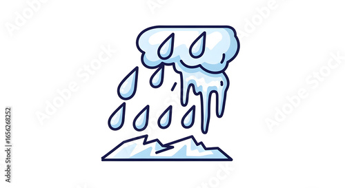 Illustrated weather icon depicting rainfall and a cloud with rain drops above an icy ground