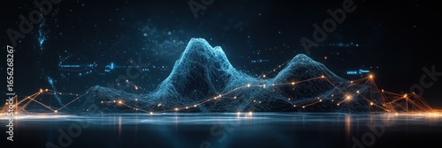 Glowing digital mountain range reflecting on dark water. Abstract digital art
