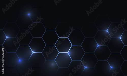 Dark blue hexagonal technology vector abstract background. Blue bright energy flashes under hexagon in modern technology futuristic background vector illustration. Navy blue honeycomb texture grid.