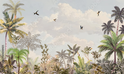 Mughal Garden Illustration, Traditional Indian wall Mural, Wallpaper Illustration, Birds, Watercolor Background