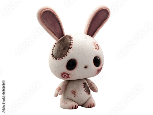 A creepy white rabbit art toy with stitched patches weathered texture and large black eyes.