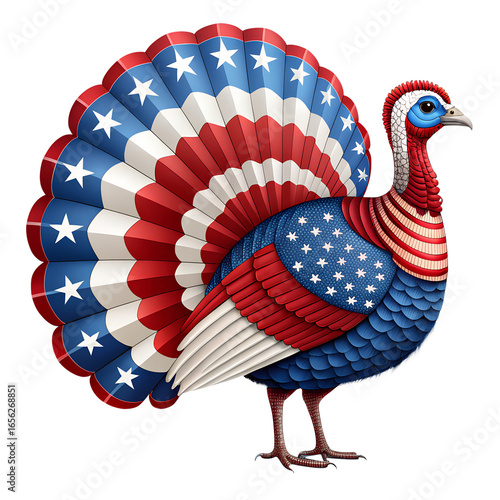 Turkey with american flag fan tail isolated on transparent background