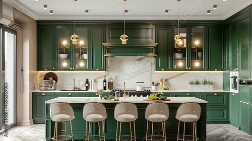 Wallpaper Mural Artistic luxury kitchen with emerald green cabinets, creamy marble counters, brushed gold fixtures, and recessed smart lighting, magazine-style layout. Torontodigital.ca