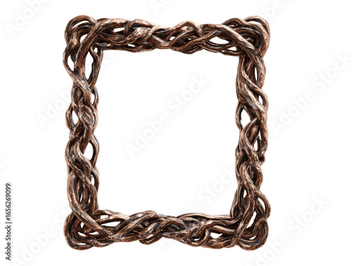 Square bronze picture frame with an intricate design of intertwined gnarled roots.