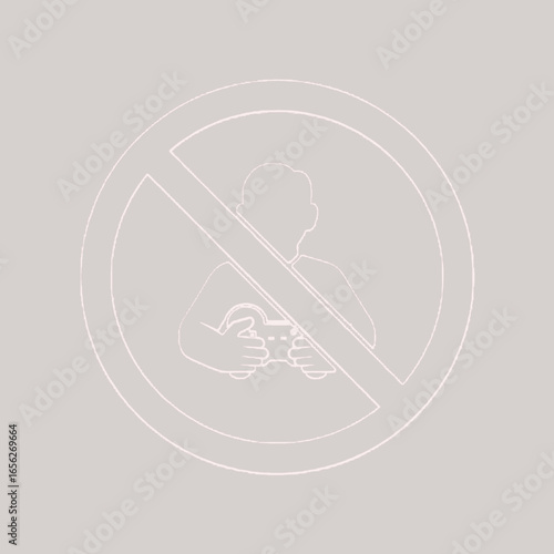 A "no video games" sign, featuring a stylized person holding a controller inside a red circle with a diagonal line, indicating that gaming is prohibited.