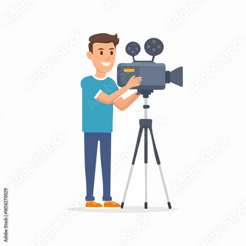 An editable flat icon of a cinematographer adjusting a camera on a tripod, symbolizing visual storytelling