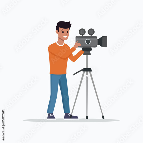 An editable flat icon of a cinematographer adjusting a camera on a tripod, symbolizing visual storytelling