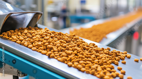 Pet food production line, kibble on conveyor, manufacturing process, industrial equipment, quality control, pet nutrition
