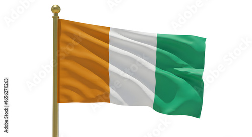 Flag of Ivory Coast waving on a pole isolated on white background, national symbol of C?te d'Ivoire for patriotic events