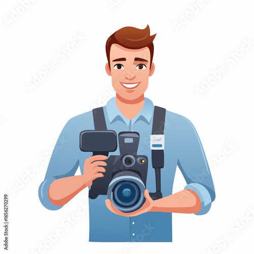 A clean vector icon of a camera operator holding a professional video camera, editable and suitable for film industry branding