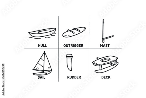 hand drawn cute doodle ink line art style line monochrome monochrome isolated on white background surf trimaran (parts): hull outrigger mast sail rudder deck