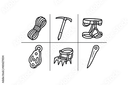 hand drawn cute doodle ink line art style line monochrome monochrome isolated on white background glacier path rescuer (tools): rope iceaxe harness pulley crampon anchor