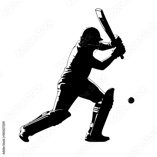 Black silhouette of a cricket batsman hitting a ball