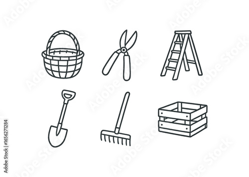 hand drawn cute doodle ink line art style line monochrome monochrome isolated on white background fruit grower (tools): basket pruner ladder spade rake crate