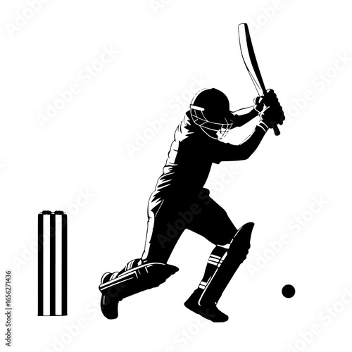 Cricket player batting with stumps and ball batsman