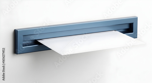 Wallpaper Mural Blue mail slot in wall with outgoing envelope, kiosk-style letter drop opening on clean white background Torontodigital.ca