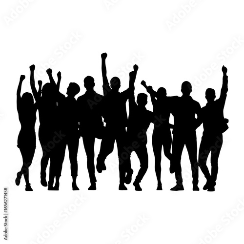 Diverse group celebrating with raised fists silhouette