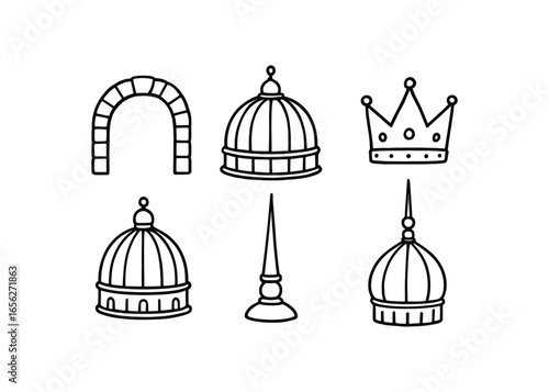 hand drawn cute doodle ink line art style line monochrome monochrome isolated on white background dome crown (features): arch rib keystone finial cap spire