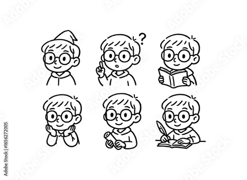hand drawn cute doodle ink line art style line monochrome monochrome isolated on white background academy apprentice (traits): eager curious attentive patient adaptable studious
