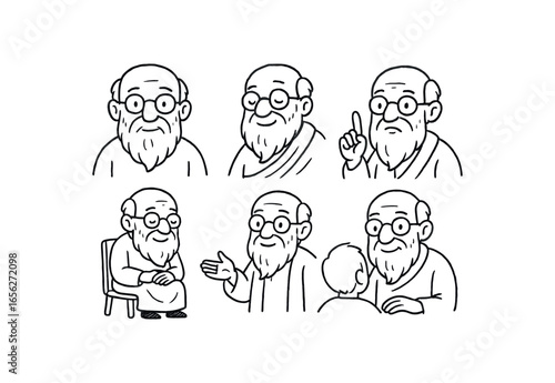 hand drawn cute doodle ink line art style line monochrome monochrome isolated on white background senior advisor (traits): patient respected experienced guiding supportive