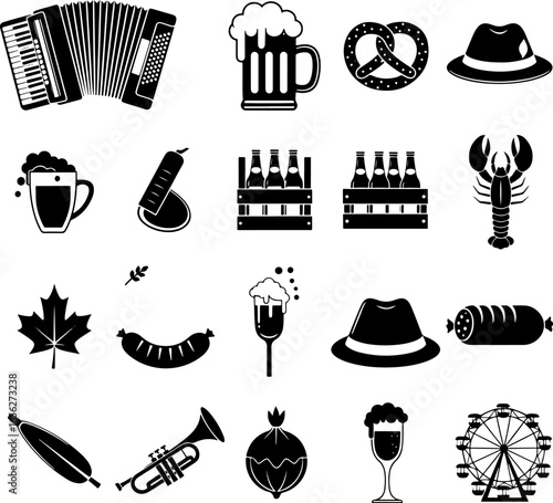 Collection of Black and White Oktoberfest Icons and Symbols