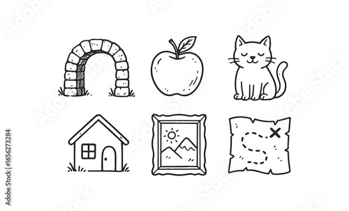 hand drawn cute doodle ink line art style line monochrome monochrome isolated on white background stone arch span (uses): spanning supporting connecting sheltering framing guiding