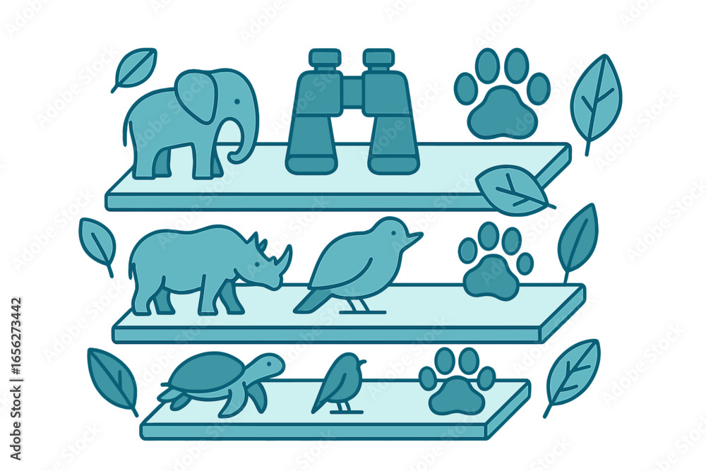 Obraz premium Stylized animals and nature elements on shelves
