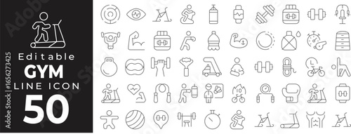 Gym and fitness set of web icons in line style. Athletic linear icons collection. Containing dumbbell, treadmill, barbell, running, exercise, muscle, health, training, sports, fitness, diet. Editable 