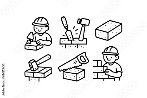 hand drawn cute doodle ink line art style line monochrome monochrome isolated on white background brick carver (tasks): shaping engraving smoothing cutting detailing fitting