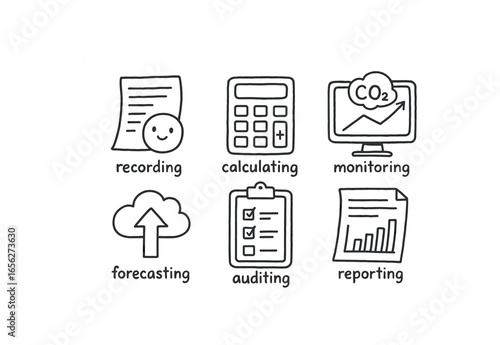 hand drawn cute doodle ink line art style line monochrome monochrome isolated on white background carbon tracking analyst (tasks): recording calculating monitoring forecasting auditing