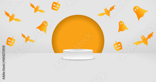 Halloween Copy Space with podium pumpkins and bats for Insert Elements or Presentation