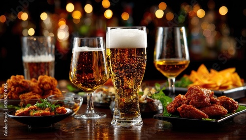 Bar table with assorted drinks and appetizers