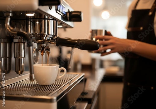 Closeup of a barista making espresso coffee with a professional machine, pouring hot coffee into a white cup