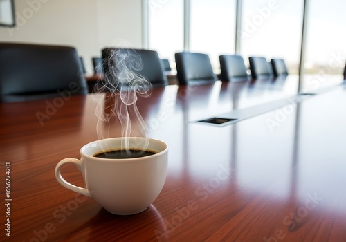 A steaming cup of hot coffee sits on a polished wooden table in a modern boardroom, ready for a business meeting