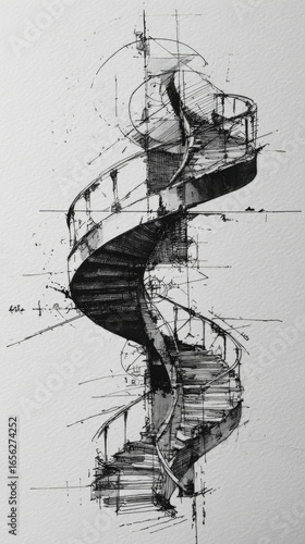 Architectural Spiral Staircase Drawing, Cityscape Background