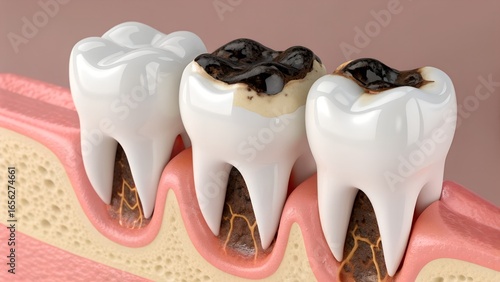 Three decayed teeth with visible cavities and damaged roots – Dentistry, Tooth Decay, Oral Health, Caries, cavity, gum, enamel, anatomy