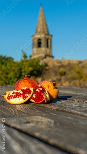 Pomegranate slices on a wooden table with a church in the background