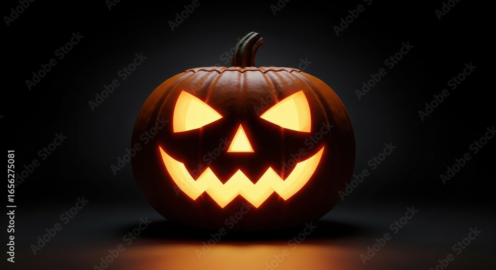 Fototapeta premium Spooky carved halloween pumpkin with a glowing orange face illuminated from within against a dark background