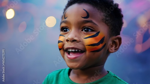 Happy young boy with colorful tiger face paint smiling outdoors, close up portrait of child with animal face painting at festival or party