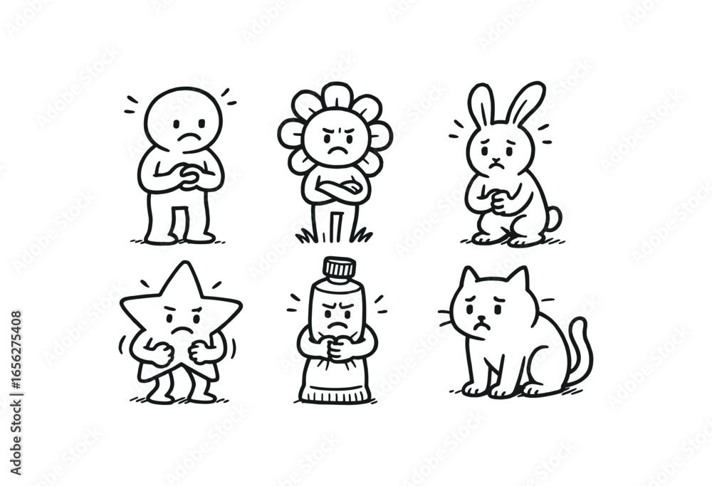 Fototapeta premium hand drawn cute doodle ink line art style line monochrome monochrome isolated on white background tense posture (actions): fidgeting crossing gripping holding tensing leaning