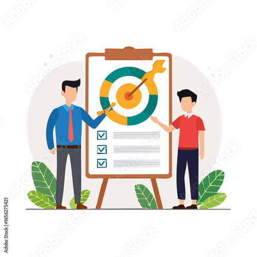 Business coaching vector with mentor and goal board. Represents personal growth, guidance, and leadership training.