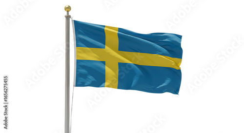 Swedish flag waving on flagpole against white background, symbol of Sweden and Nordic heritage