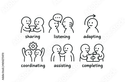 hand drawn cute doodle ink line art style line monochrome monochrome isolated on white background cooperation loop (actions): sharing listening adapting coordinating assisting completing