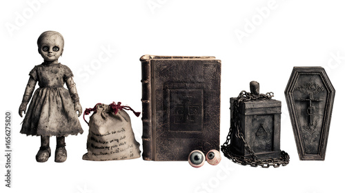 Vintage creepy doll, old book, faux eyeballs, coffin box and Halloween props isolated on black, perfect for spooky decoration