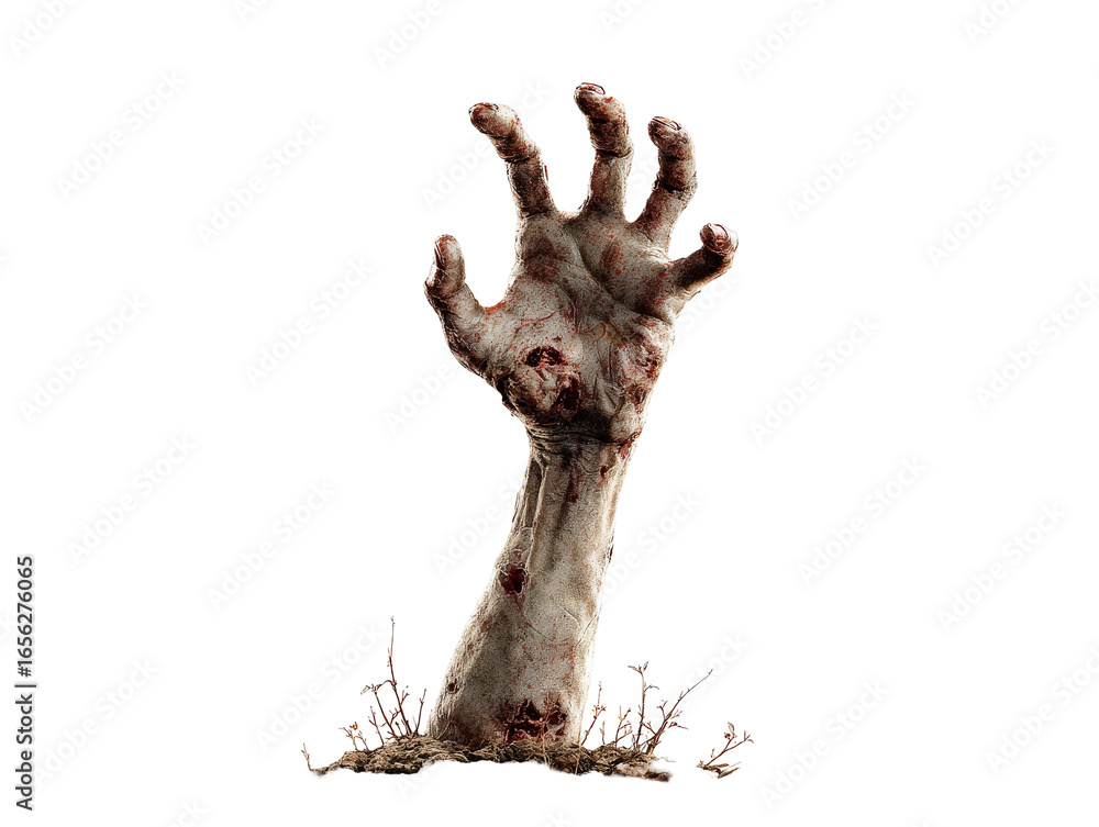 Fototapeta premium Bloody decaying zombie arm and hand with rotting flesh and open wounds reaching up from the dirt and grave.