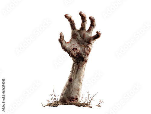 Bloody decaying zombie arm and hand with rotting flesh and open wounds reaching up from the dirt and grave.