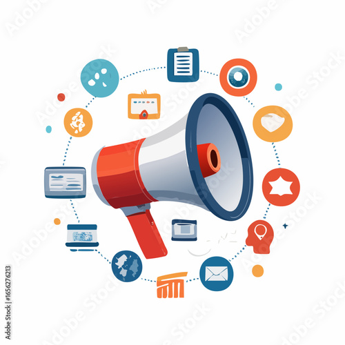 Digital marketing vector with megaphone and analytics. Perfect for online ads, SEO, and social media campaigns.