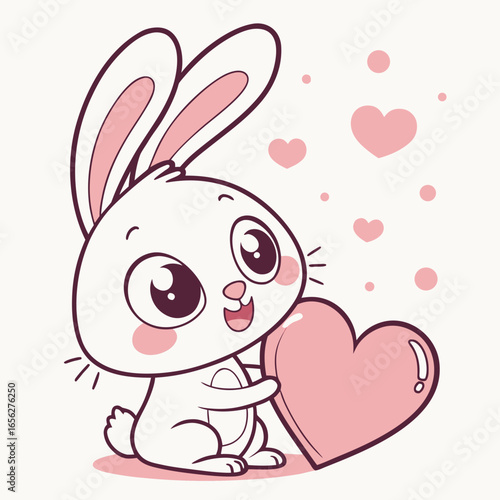 Cute Bunny Hugging Heart - Valentine's Day Cartoon Illustration