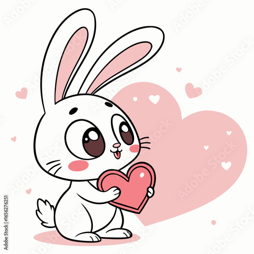 Cute Bunny Hugging Heart - Valentine's Day Cartoon Illustration
