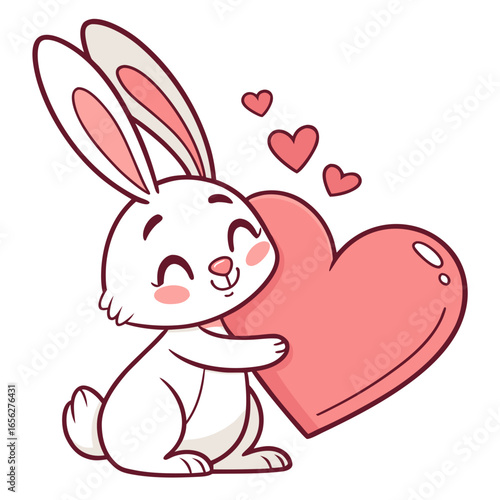 Cute Bunny Hugging Heart - Valentine's Day Cartoon Illustration